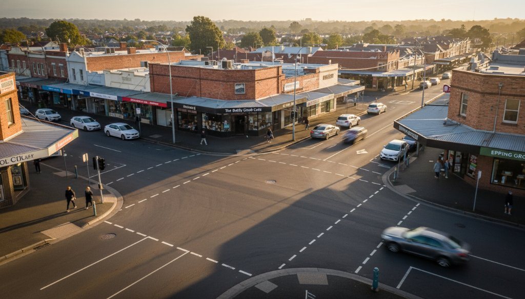 Professional drone captures an epic golden hour moment for Epping Aerial Videography Solutions for Local Businesses, showcasing a vibrant commercial street scene in Epping, Australia with dynamic light.