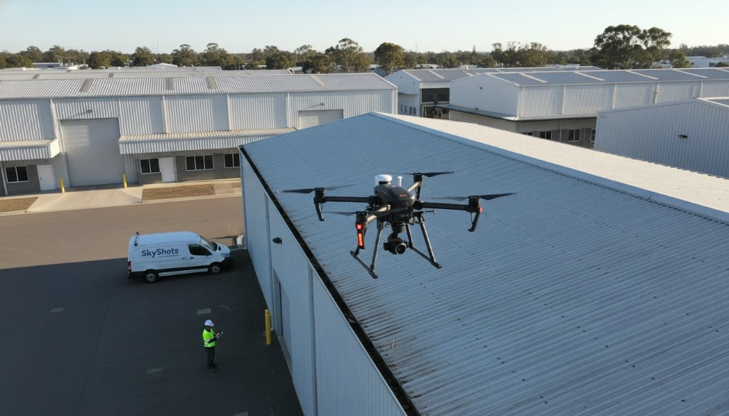 An Epping commercial drone roof inspection Victoria in progress, with a professional drone capturing high-resolution imagery of a large industrial building's roof under clear morning skies, an inspector reviewing footage on a tablet below.