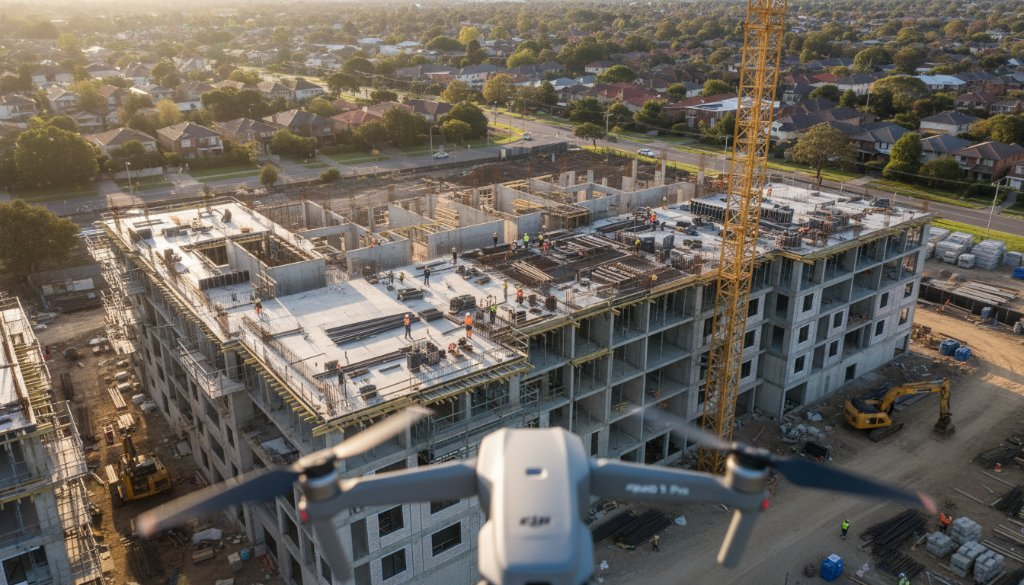 An epic aerial photograph capturing the dynamic activity of Epping construction site drone monitoring for project managers, showing a large building site in Epping with a drone in the foreground, vibrant machinery, and workers, under a clear Australian sky at golden hour.