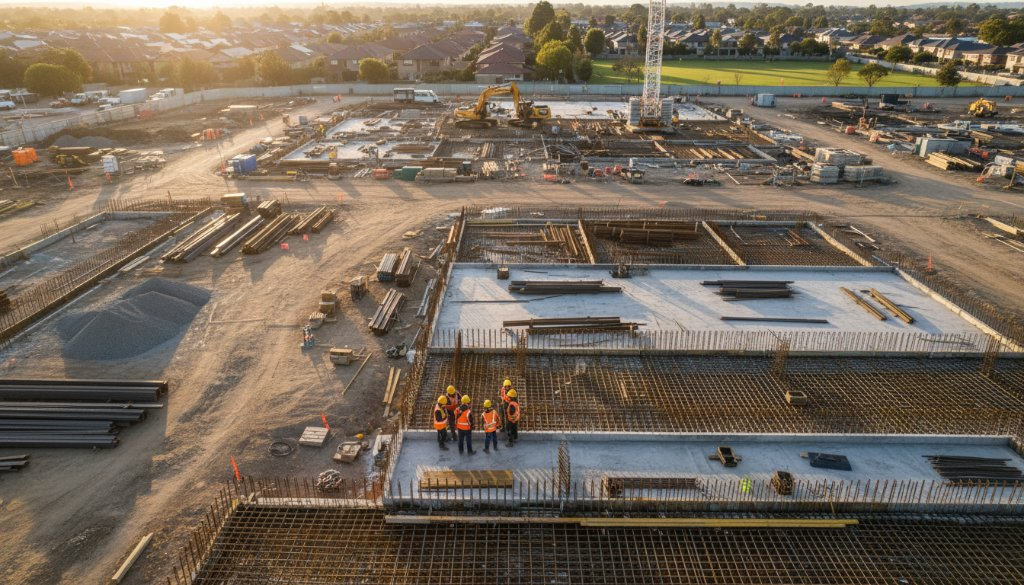 An epic wide-angle aerial shot capturing a large commercial construction site in Epping at golden hour, with workers in hard hats overseeing foundation pouring, showcasing Epping drone photography solutions for commercial construction in action.