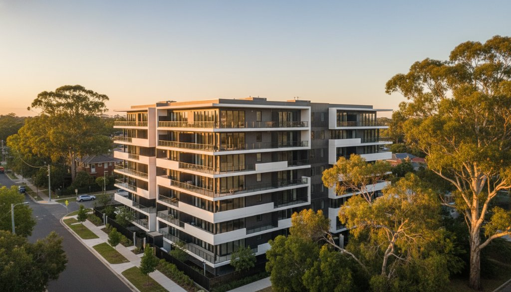 Aerial drone shot of a striking modern building in Epping, Australia, at golden hour, showcasing architectural details. Perfect example of Epping Modern Architecture Drone Photography.