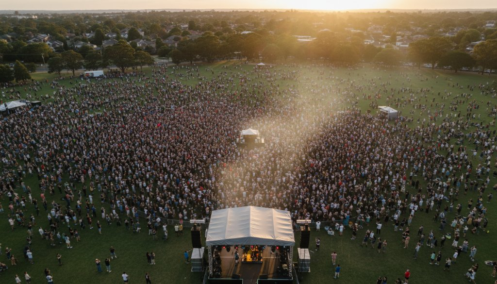 An epic wide-angle aerial view showcasing the vibrant energy of an outdoor concert in Epping, Australia, captured with professional Epping outdoor concert drone photography expertise, featuring thousands of enthusiastic fans under colourful stage lights at dusk.