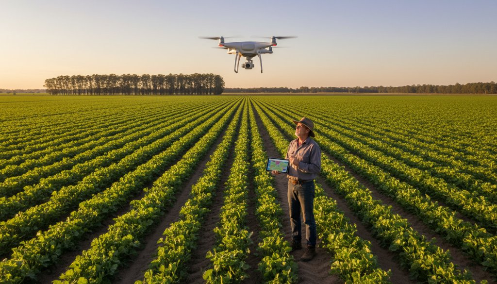 A drone conducting a precision agricultural drone survey over a vibrant green field in Epping at golden hour, capturing the intricate patterns of crop health from above, with a farmer observing in the foreground, showcasing advanced technology meeting traditional farming.