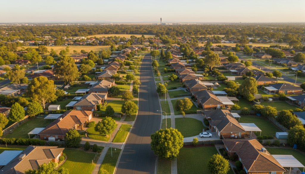 A high-angle drone shot capturing the sprawling suburban landscape of Tullamarine under a clear morning sky, showcasing multiple properties from above, highlighting the Tullamarine property drone overview expertise in action with crisp detail and natural light.